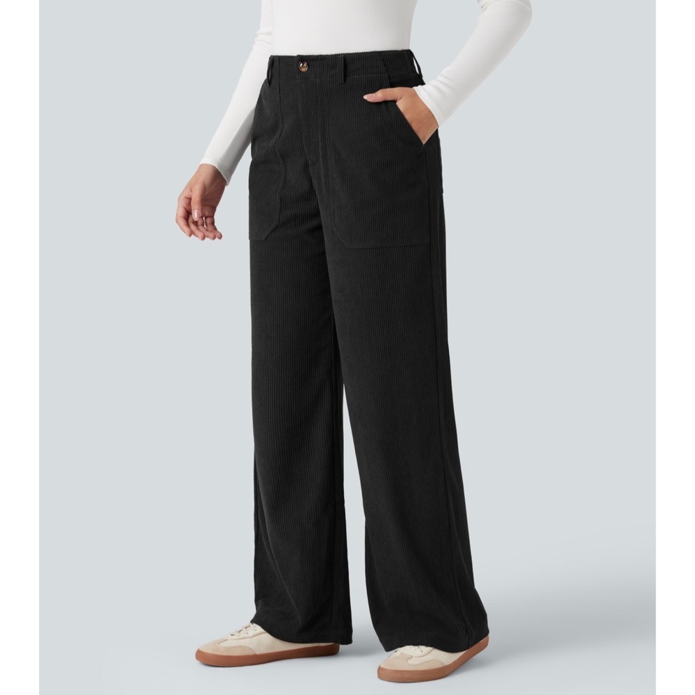 Halara Black Corduroy High Waisted Wide Leg Pants Pockets Medium Petite NWT
